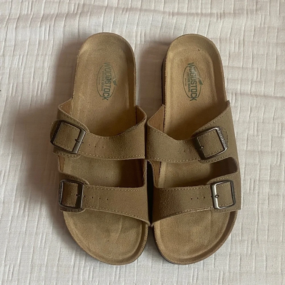 WOODSTOCK Two-Band Suede Slide Sandals in Taupe